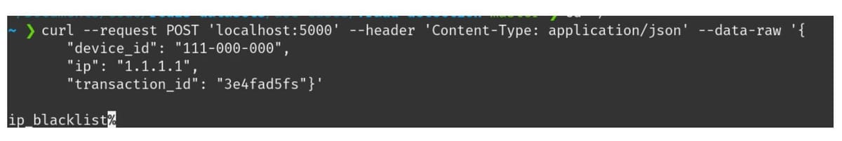 Terminal output showing an IP blacklist result