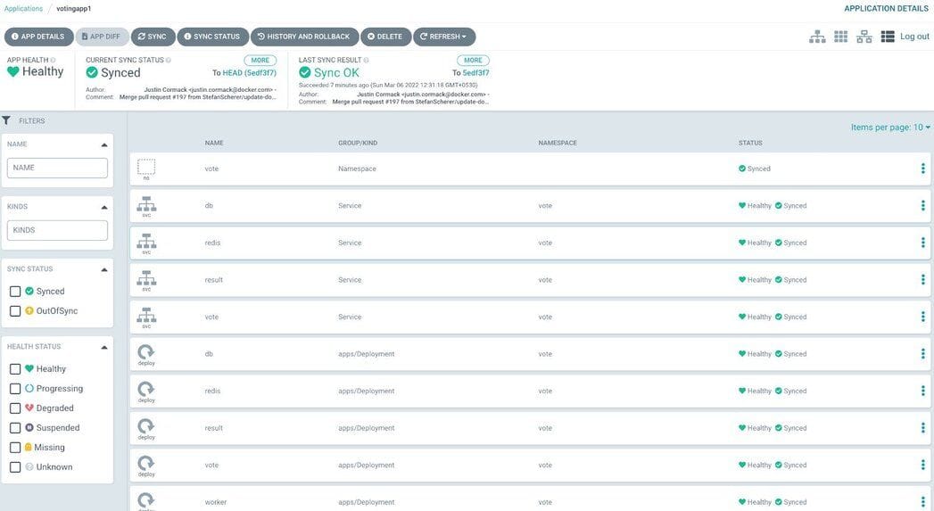 Full resource graph for the voting application in the Argo CD UI