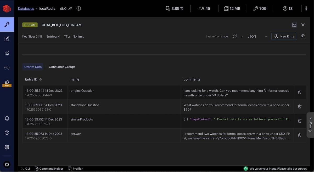 Redis Insight showing chatbot logs in a Redis stream