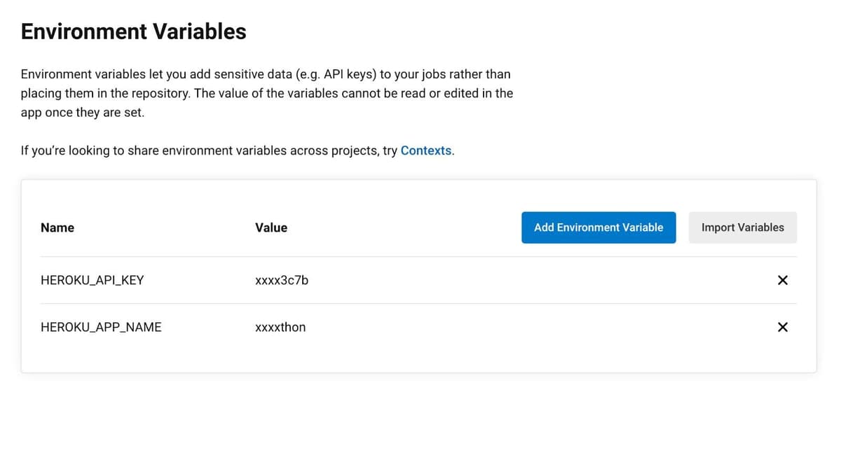 Configuring environment variables in the CircleCI project settings