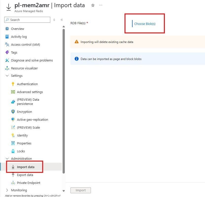 Importing data from the Azure Blob storage into the new Redis instance