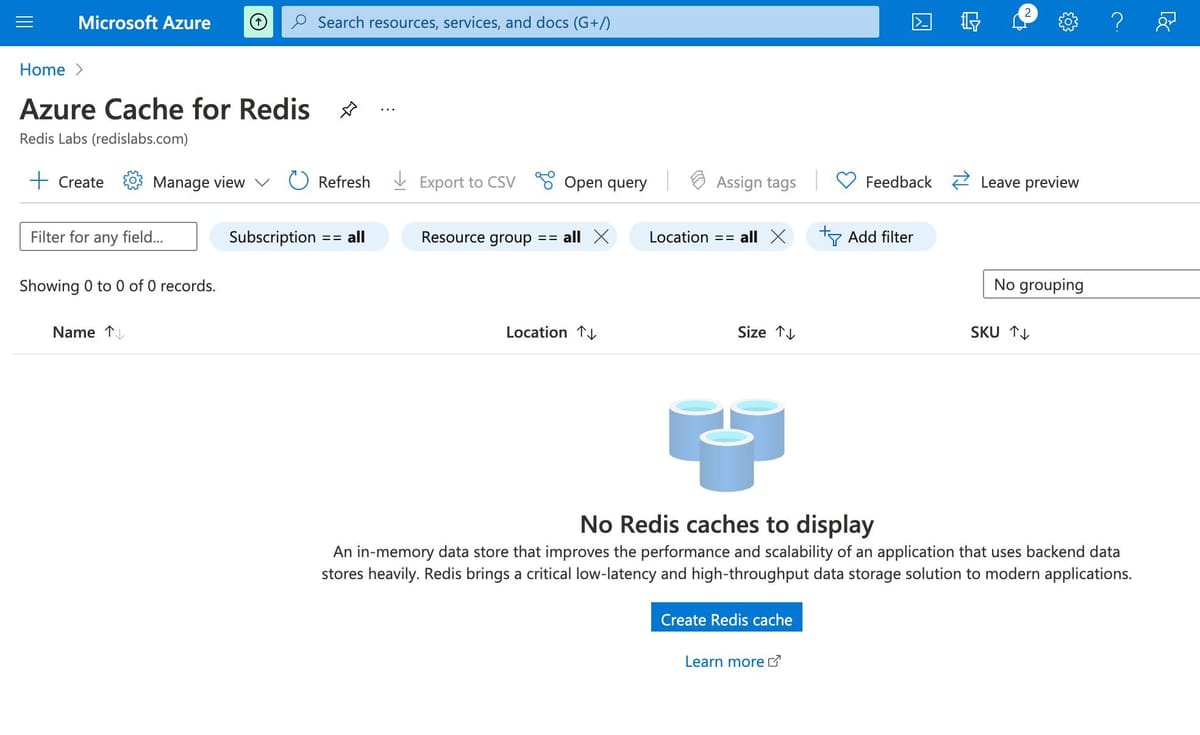 Searching for Azure Cache for Redis in the Azure Portal