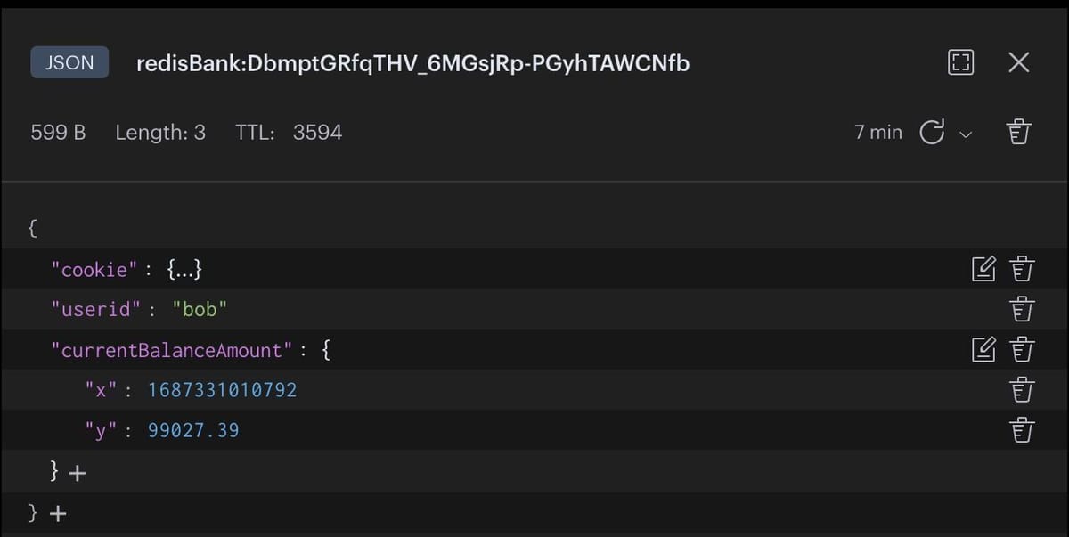 Redis Insight showing session data updated with current balance amount
