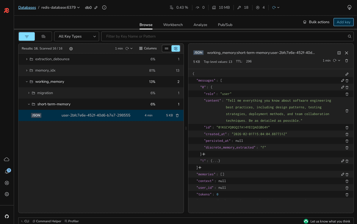 Redis Insight view of token-managed chat memory