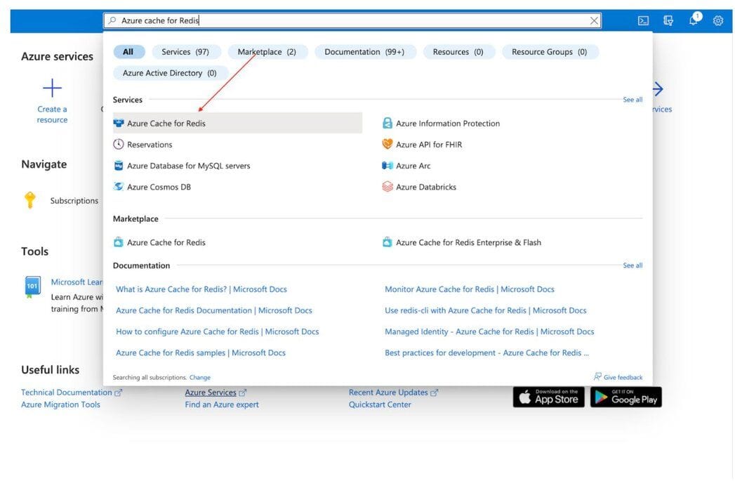 Searching for the Azure Cache for Redis service in the Azure Portal