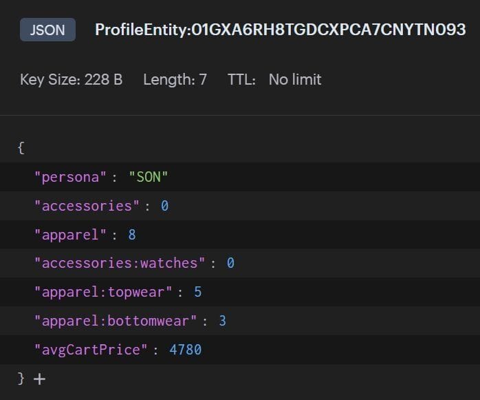 Redis Insight displaying a specific persona profile stored as a JSON object