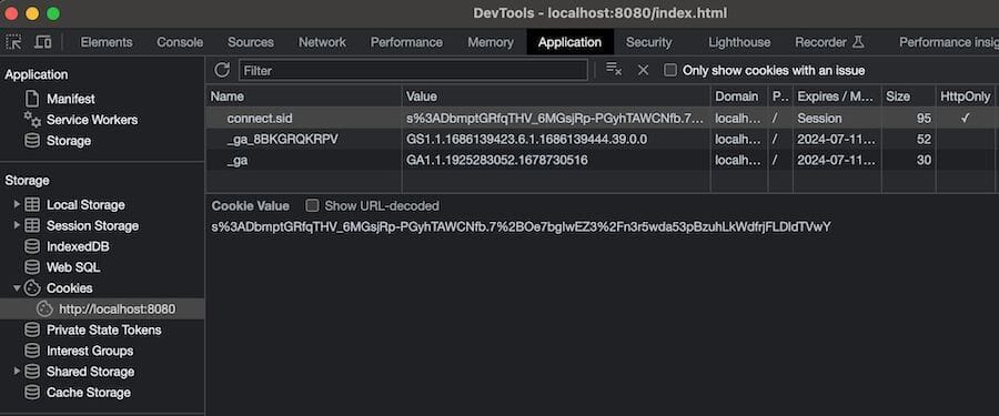 Browser developer tools showing the connect.sid session cookie