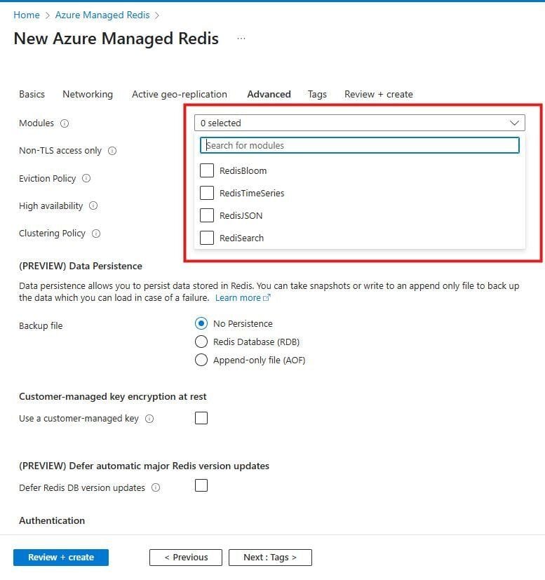 Selecting relevant Redis data modules in the Azure Managed Redis setup