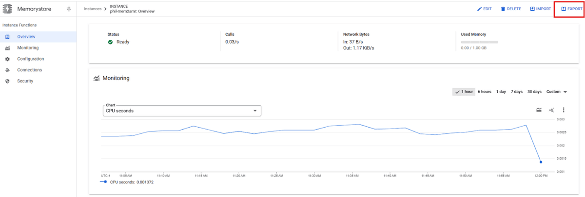 Selecting the Export option in the Google Cloud console for Memorystore