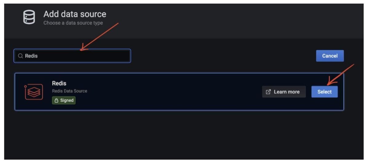 Searching for Redis data source in Grafana