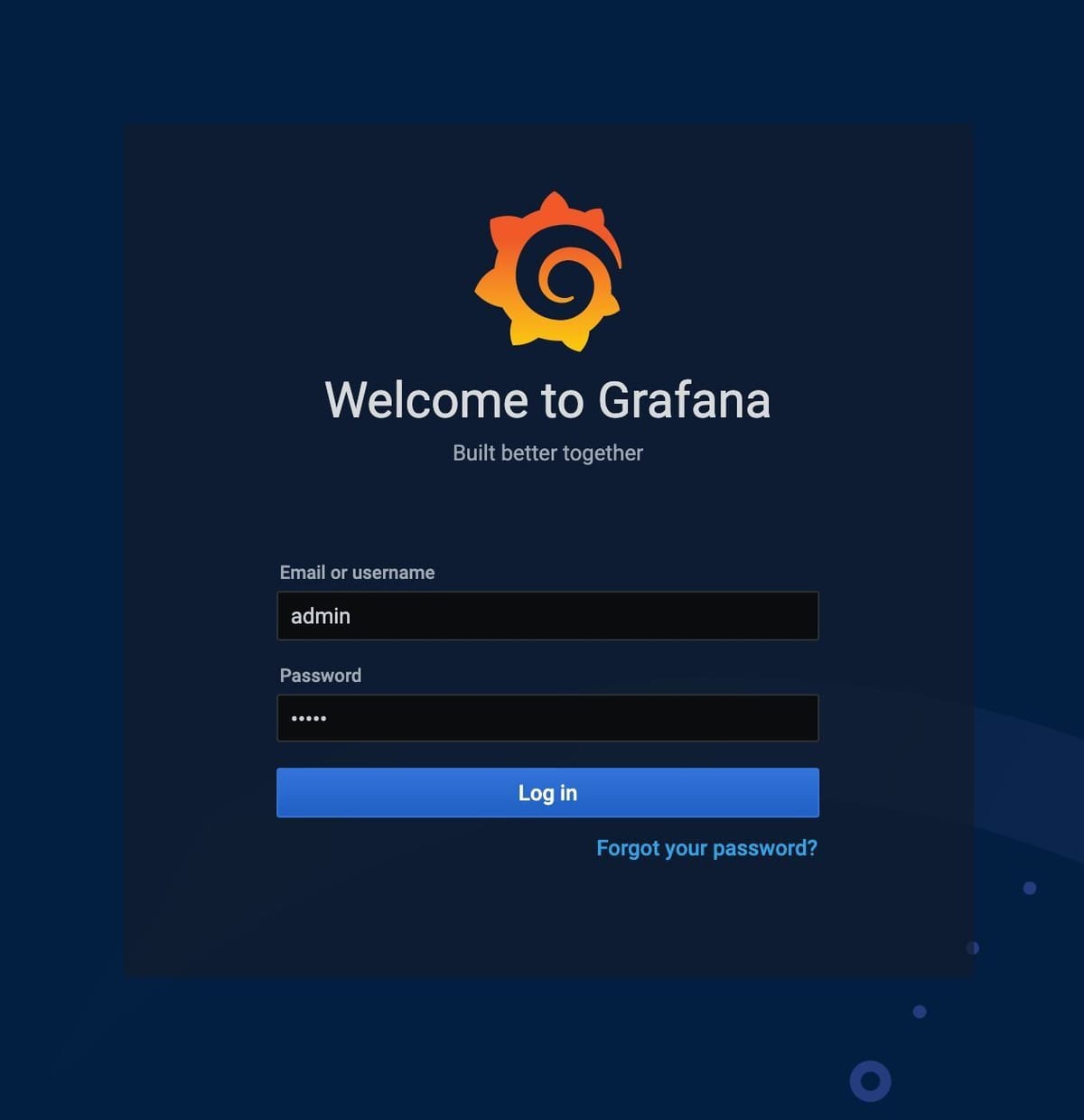 Grafana login and dashboard overview