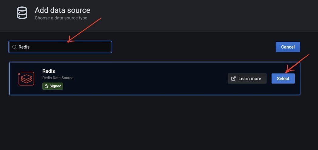 Selecting Redis as the data source type in Grafana