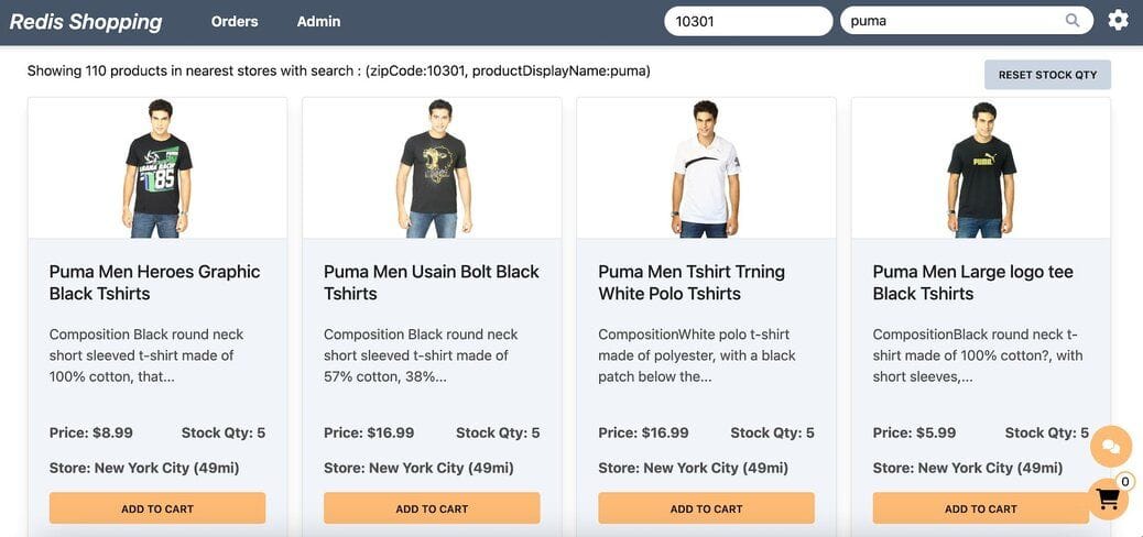 Dashboard search results displaying distance to store for each product