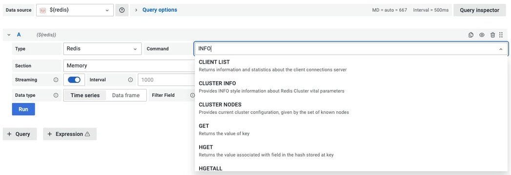 Grafana UI showing supported Redis commands