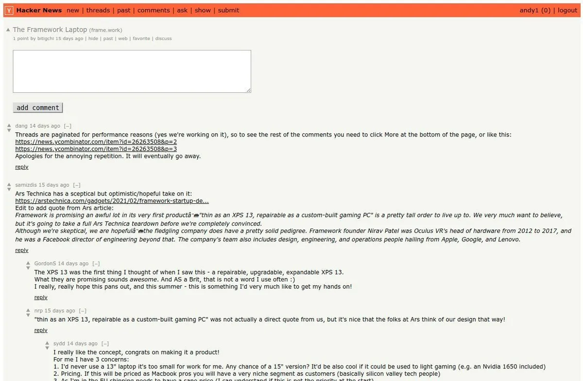 Hacker News clone news item detail view with comments