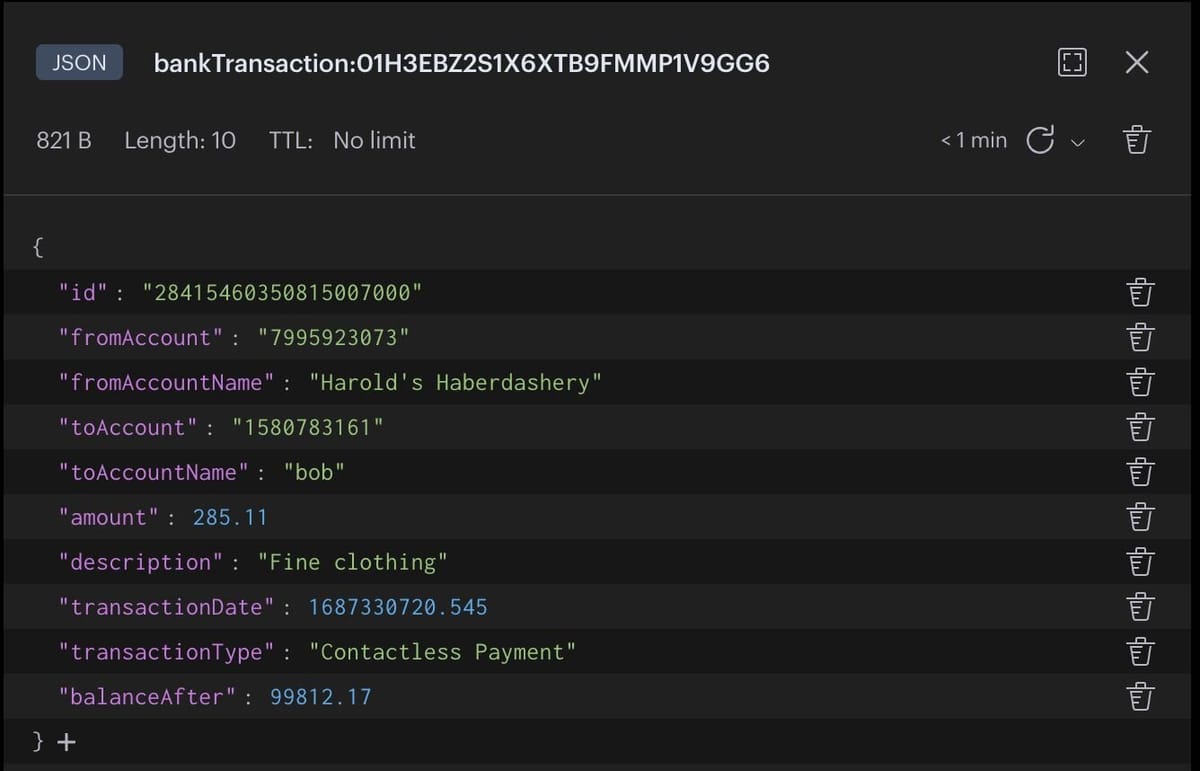 Detailed view of a bank transaction in Redis Insight