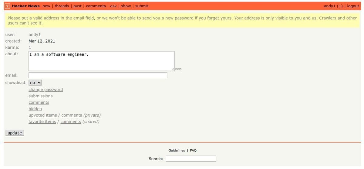 Hacker News clone user profile update page