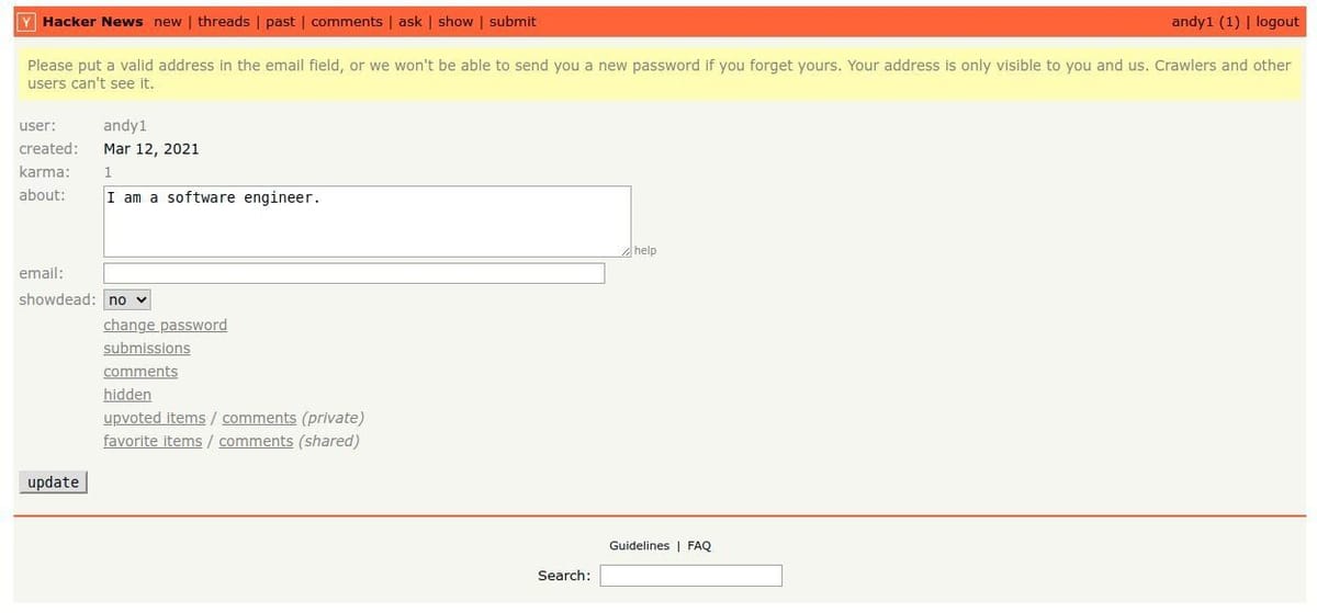 Hacker News clone user profile update page