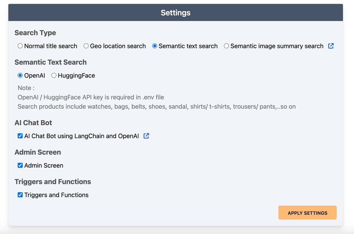 Enabling semantic text search in the settings configuration
