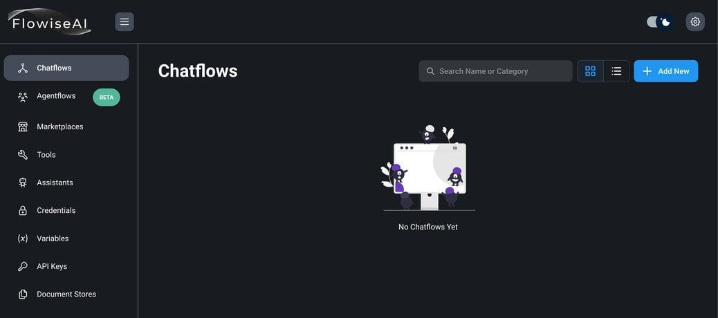 Creating a new chatflow in the Flowise interface