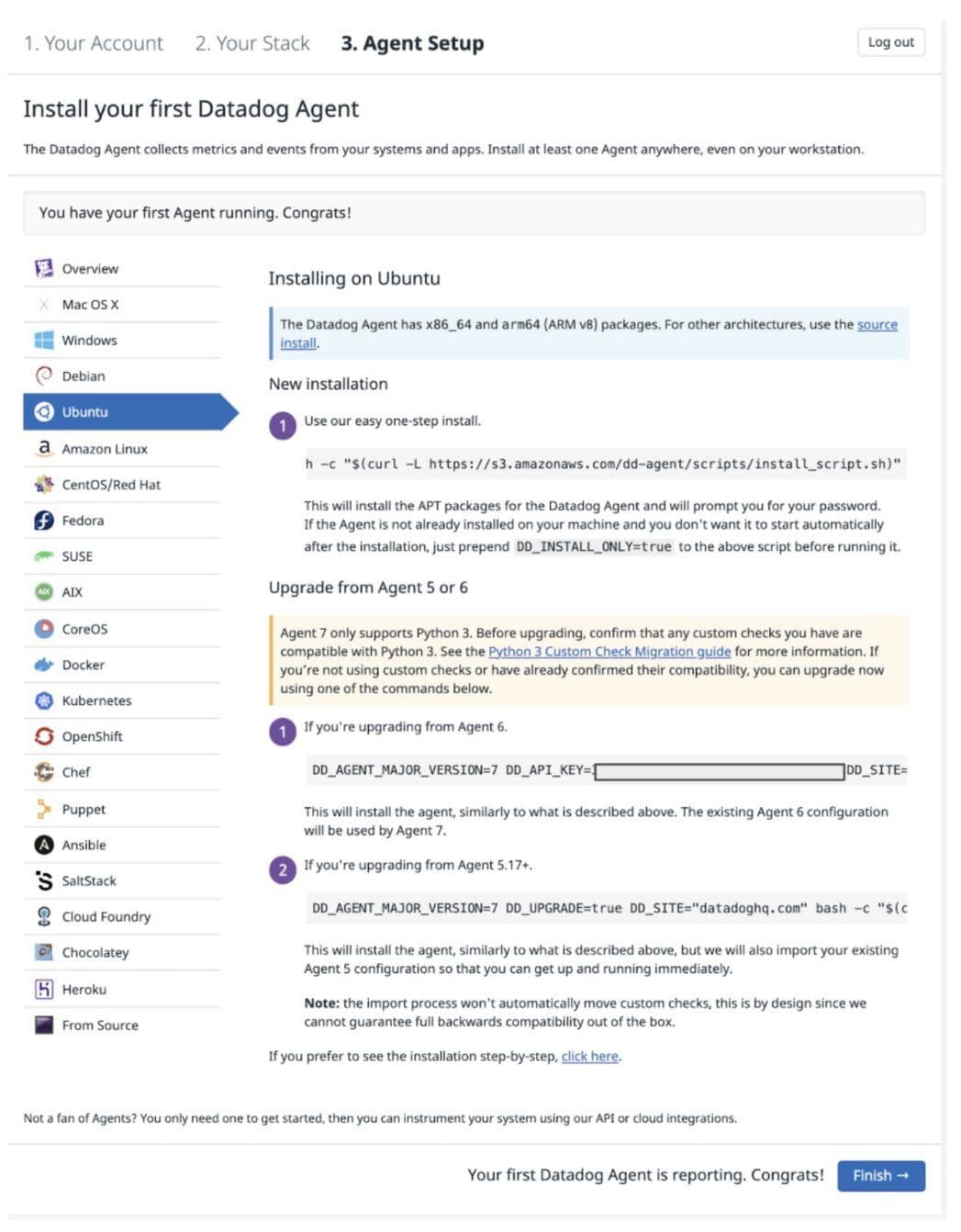 Selecting the operating system for the Datadog agent installation