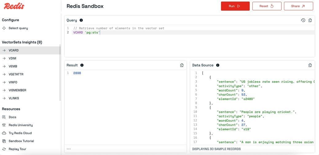 Redis Sandbox interface exploring various vector set utility commands