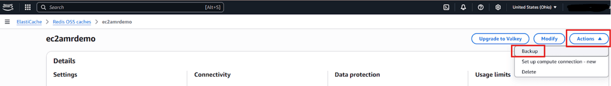 Creating a manual backup in the Amazon ElastiCache console
