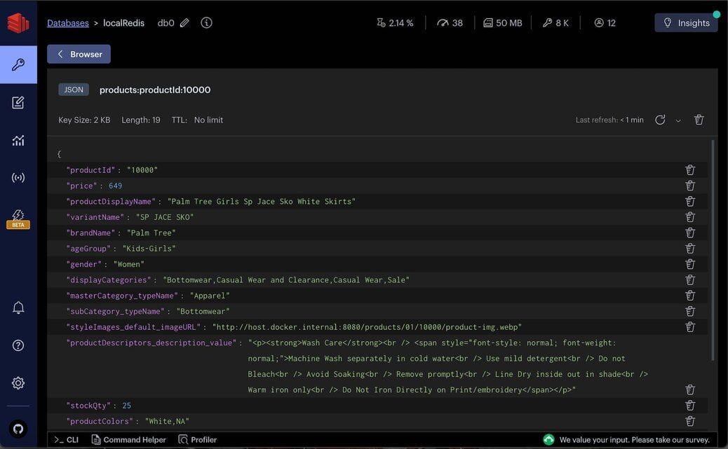 Redis Insight exploring the products JSON collection