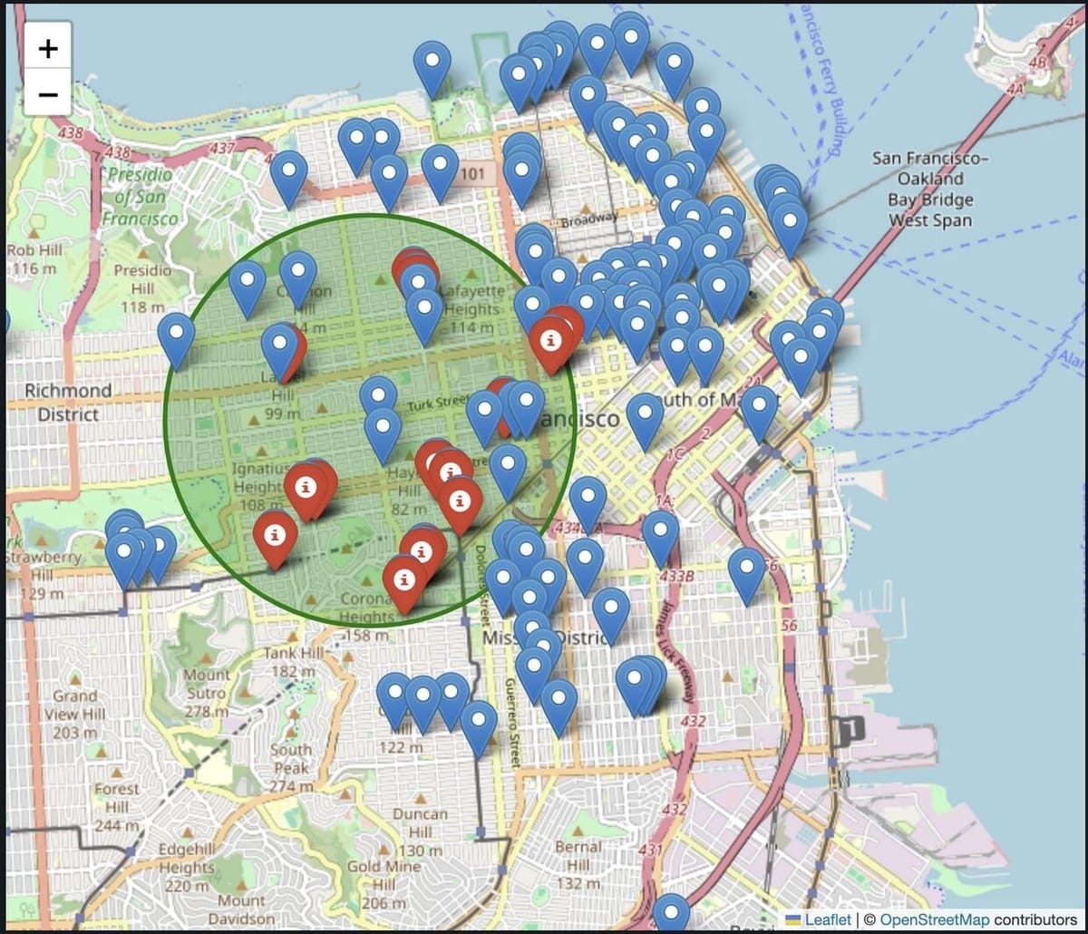 Interactive map of San Francisco showing recommended restaurants based on user preferences and proximity