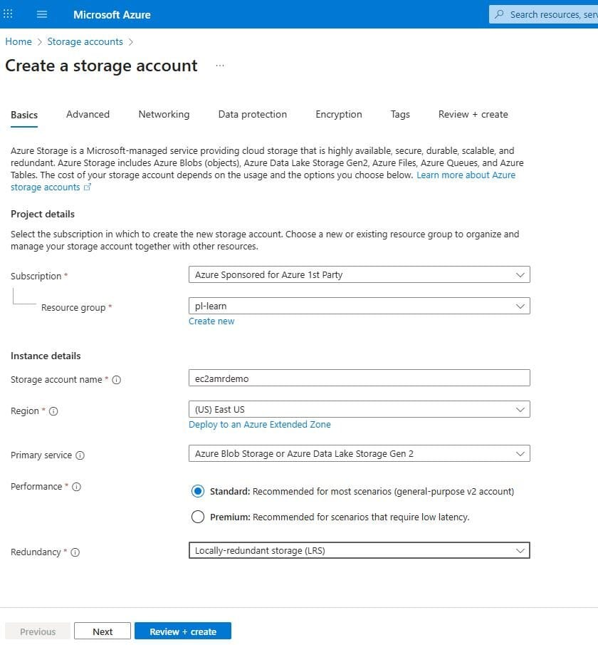 Creating an Azure Blob instance in the Microsoft Azure console