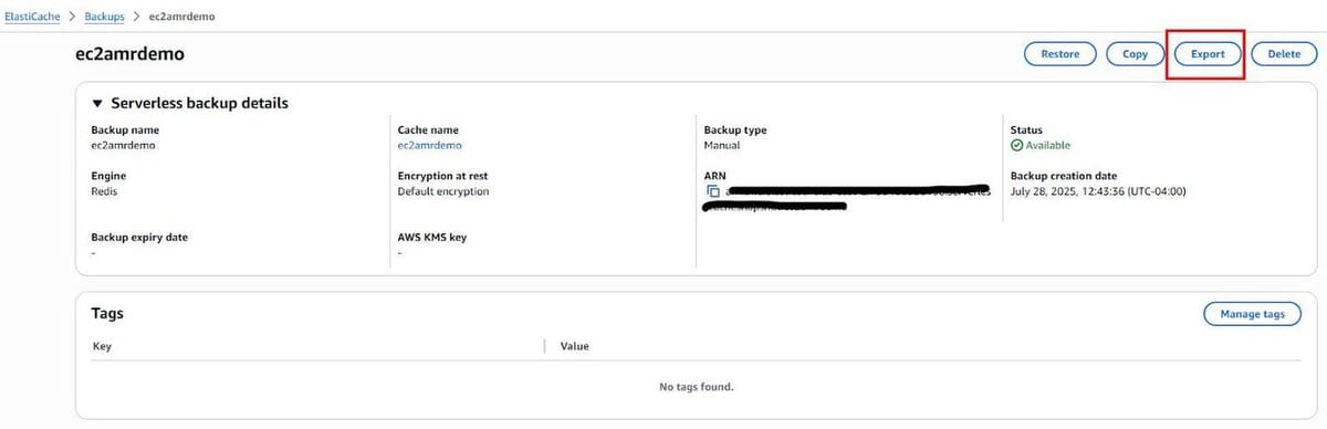 Exporting ElastiCache backup data