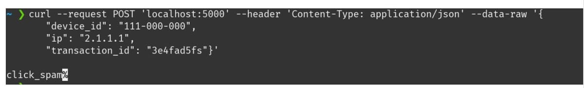 Terminal output showing a click spam result