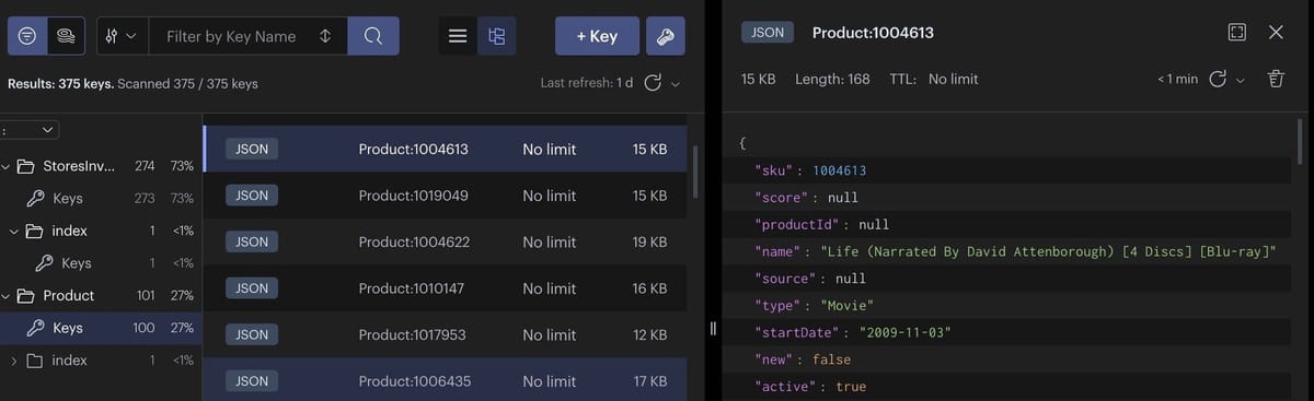 Redis Insight showing product information in the JSON collection