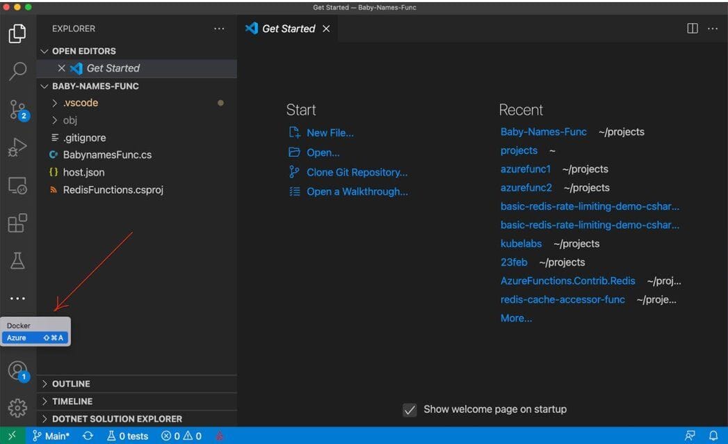 The project automatically loading into the VS Code Azure Functions plugin