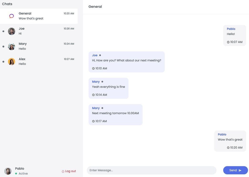 Terminal output showing the backend chat application starting up on localhost