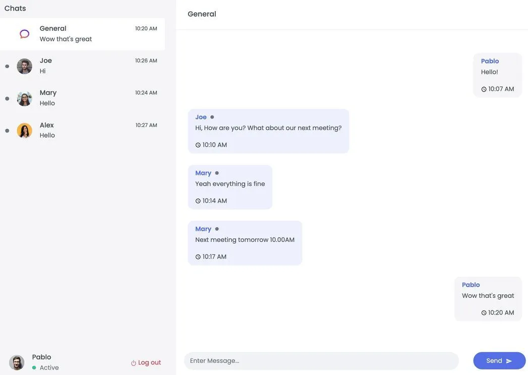 Terminal output showing the backend chat application starting up on localhost