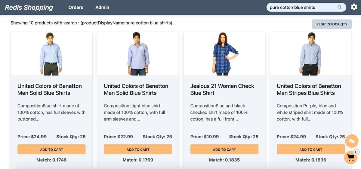 Dashboard results for a semantic text search query