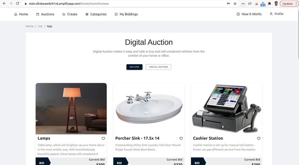Auction dashboard displaying active auction items