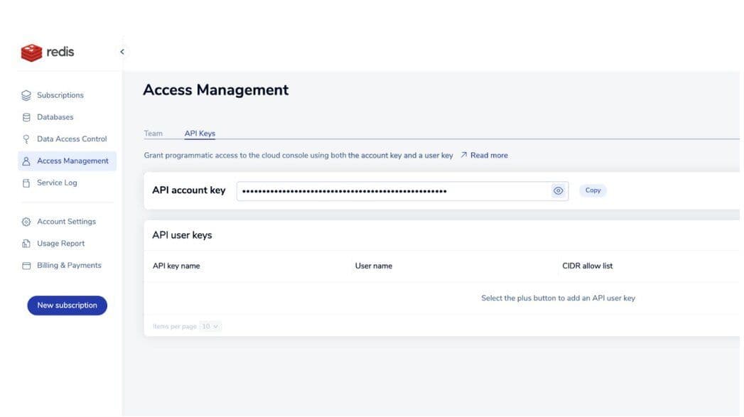 Generating a new API User Key in Redis Cloud