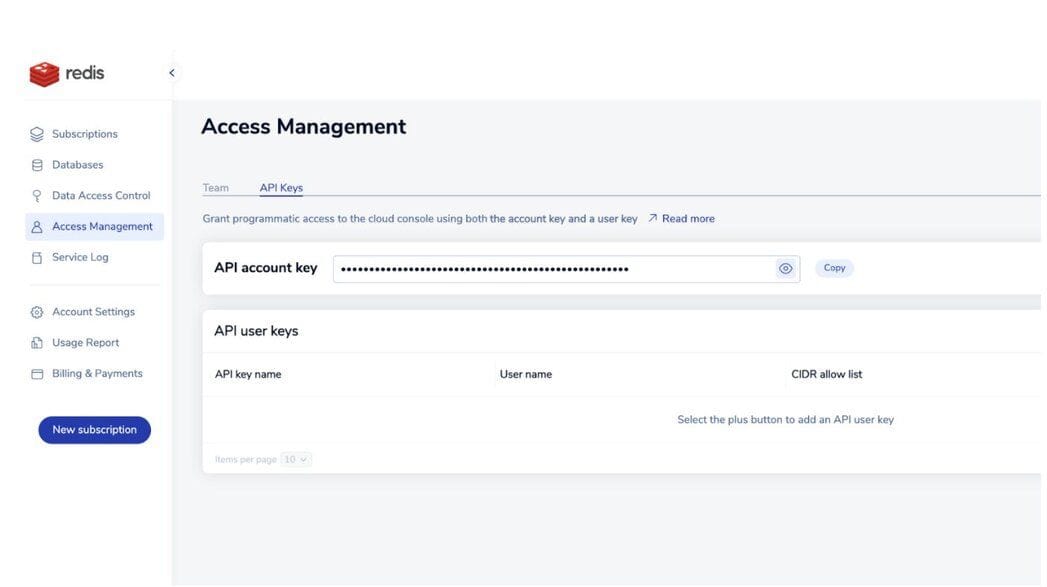 Generating a new API User Key in Redis Cloud