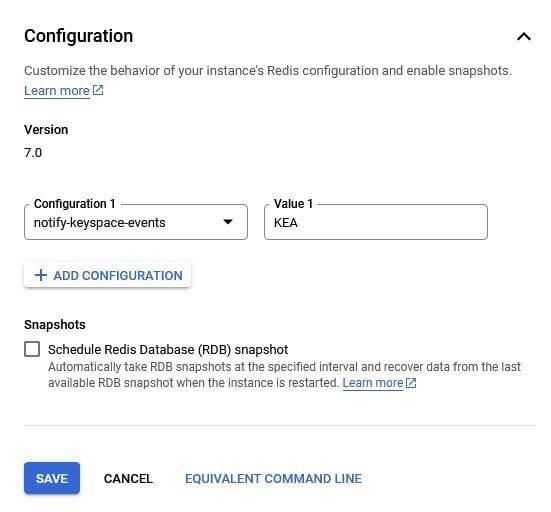 Google Cloud Memorystore notify-keyspace-events configuration