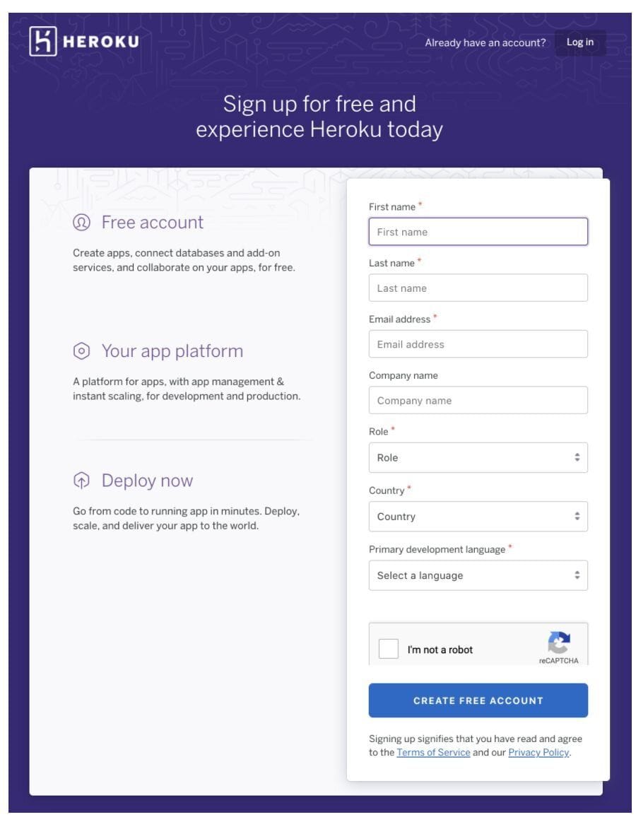 Heroku account registration and login page