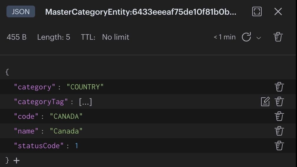Detailed view of a master data JSON document in Redis Insight