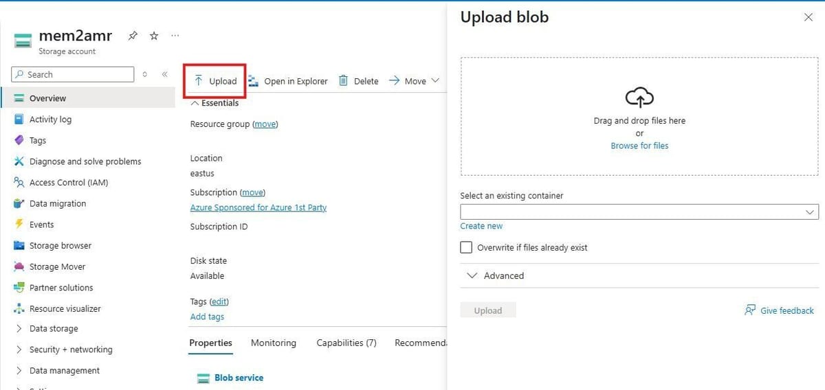 Uploading the .rdb backup file to an Azure Blob storage container