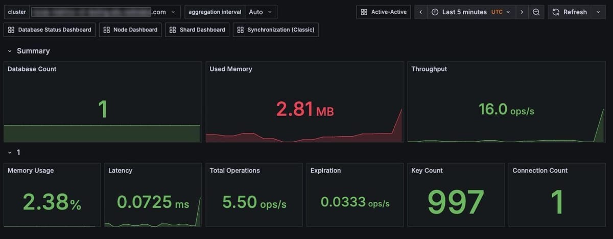 Cluster status dashboard showing active data and numbers on graphs