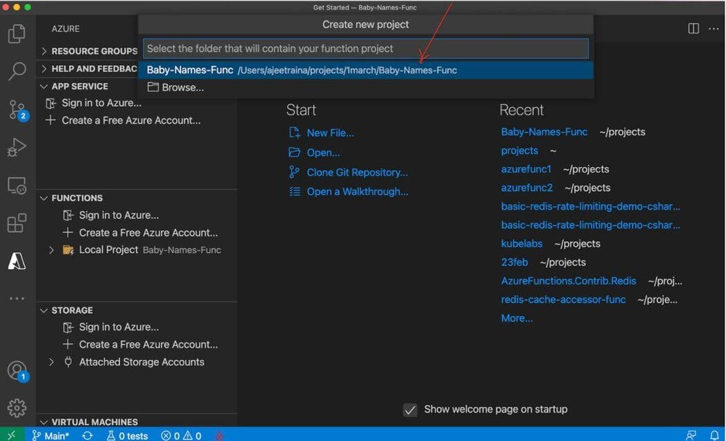 Creating a new .NET project for Azure Functions in VS Code