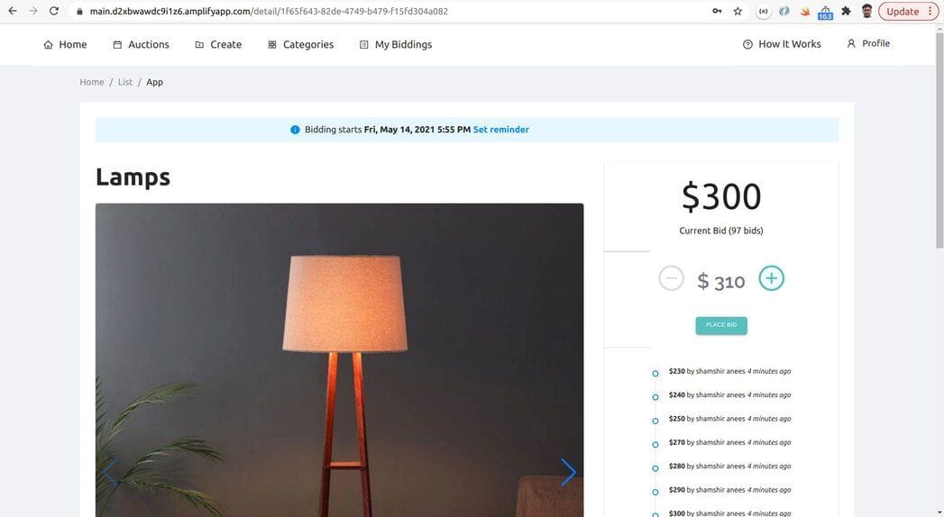 Bidding page for an item showing current high bid and history