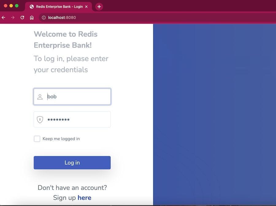 Login page for the mobile banking application