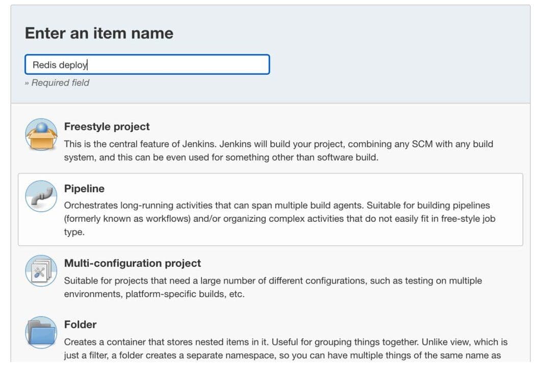 Selecting the Pipeline job type for a new item in Jenkins