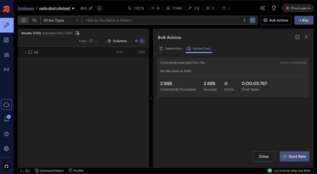 Redis Insight displaying the status and success of a bulk data upload